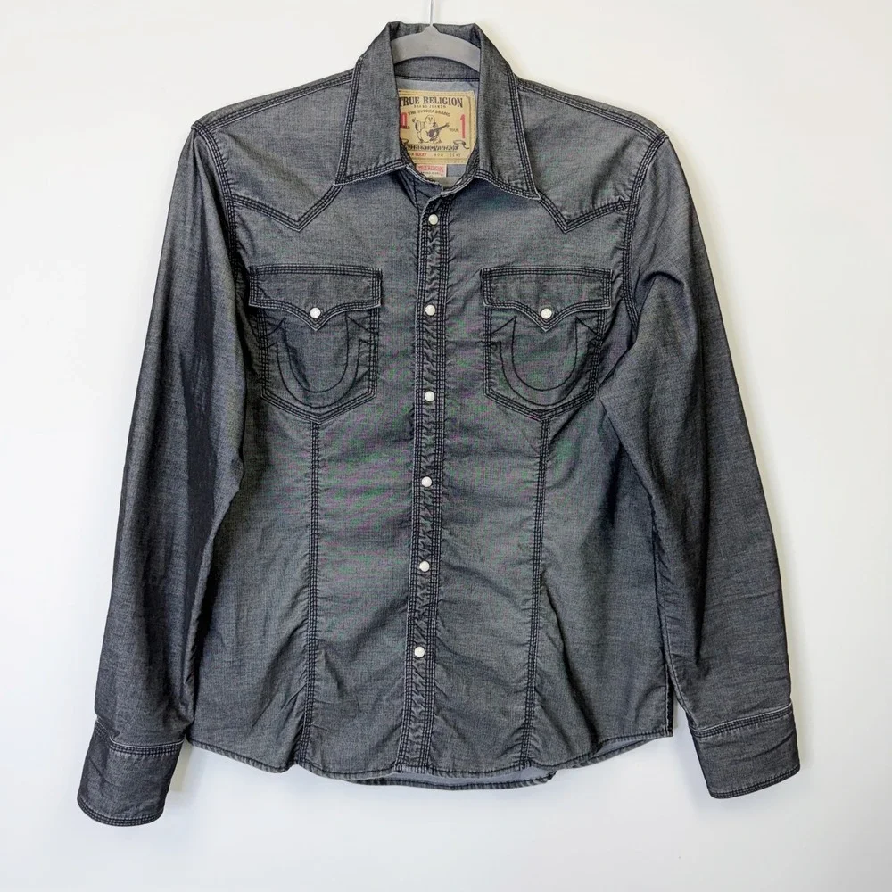 True Religion Rocky Western Pearl Snap Shirt Men's XXL Black Gray Slim Fit